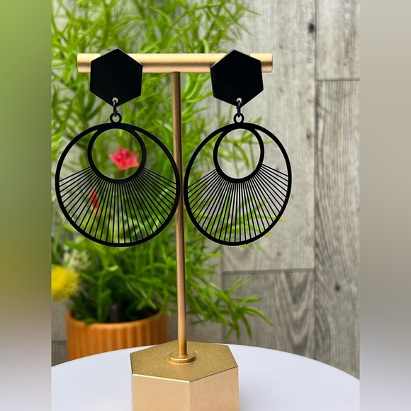 Black Art Deco Geometric Classic Dangle Earrings - Minimalist Statement Earrings - Picture 9 of 14